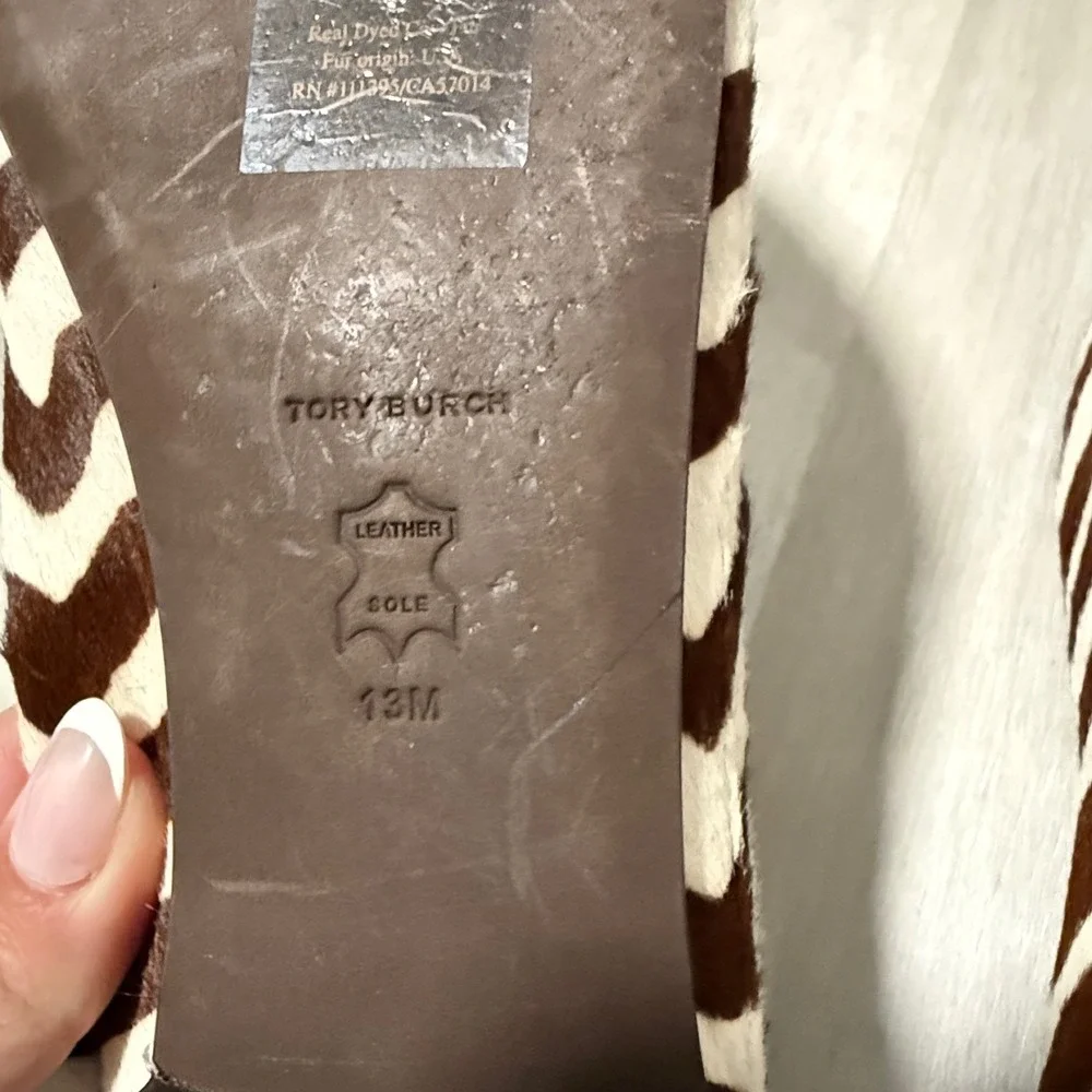 Tory Burch Zebra Print‎ Calf Hair Leather Ballet Flats Brown Cream Bow Women 13M
